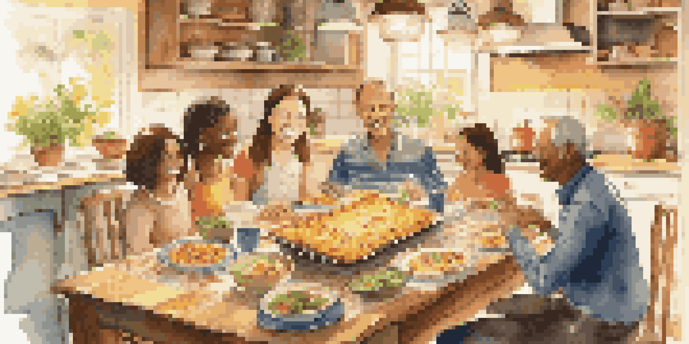 A family gathered in a cozy kitchen, sharing traditional dishes from a cookbook, with warm lighting and happy expressions.
