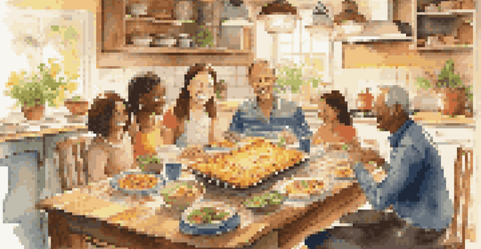 A family gathered in a cozy kitchen, sharing traditional dishes from a cookbook, with warm lighting and happy expressions.