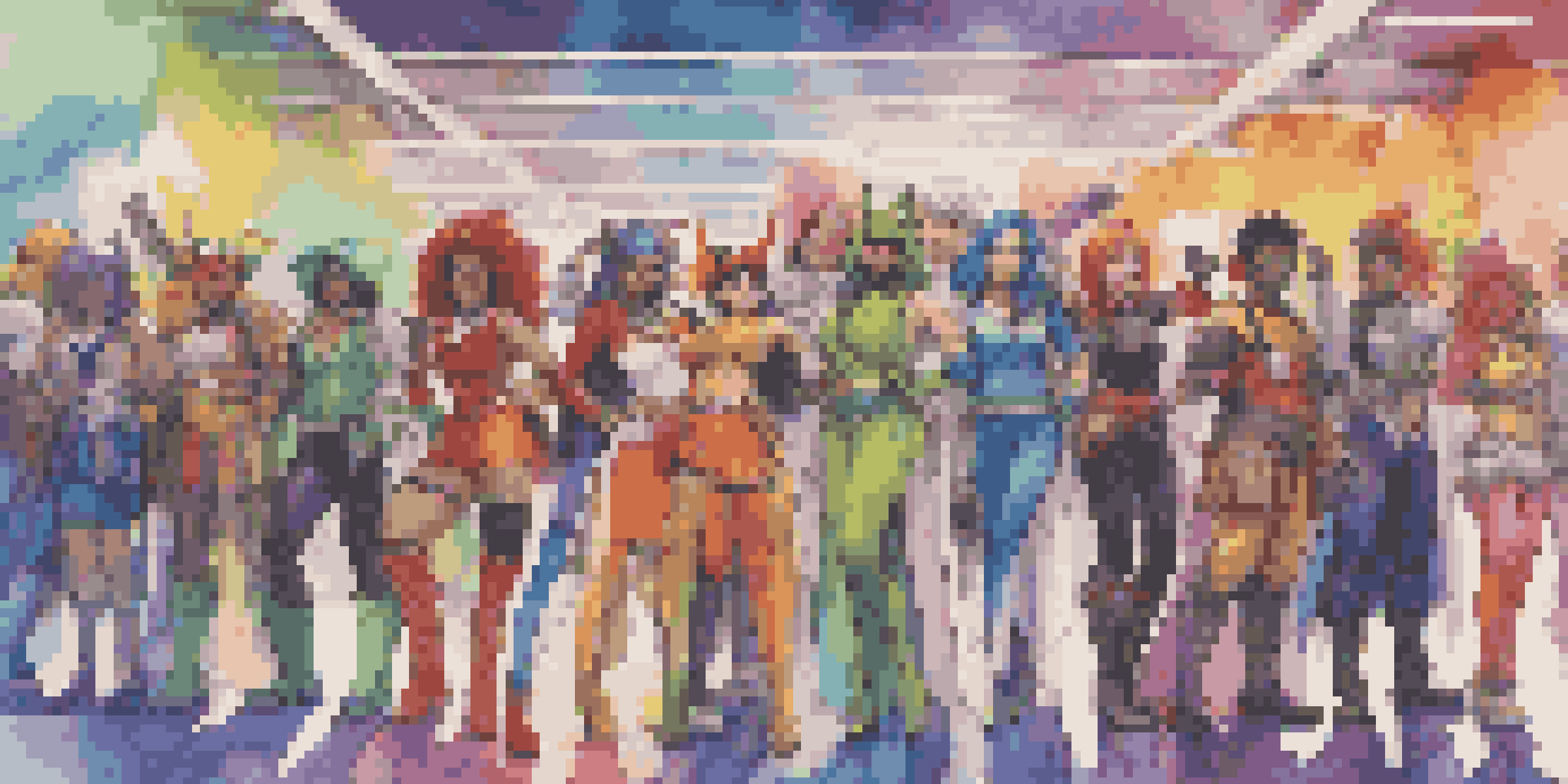 A group of diverse cosplayers in colorful costumes standing in front of a convention backdrop, posing joyfully.