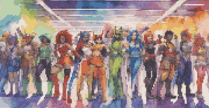 A group of diverse cosplayers in colorful costumes standing in front of a convention backdrop, posing joyfully.
