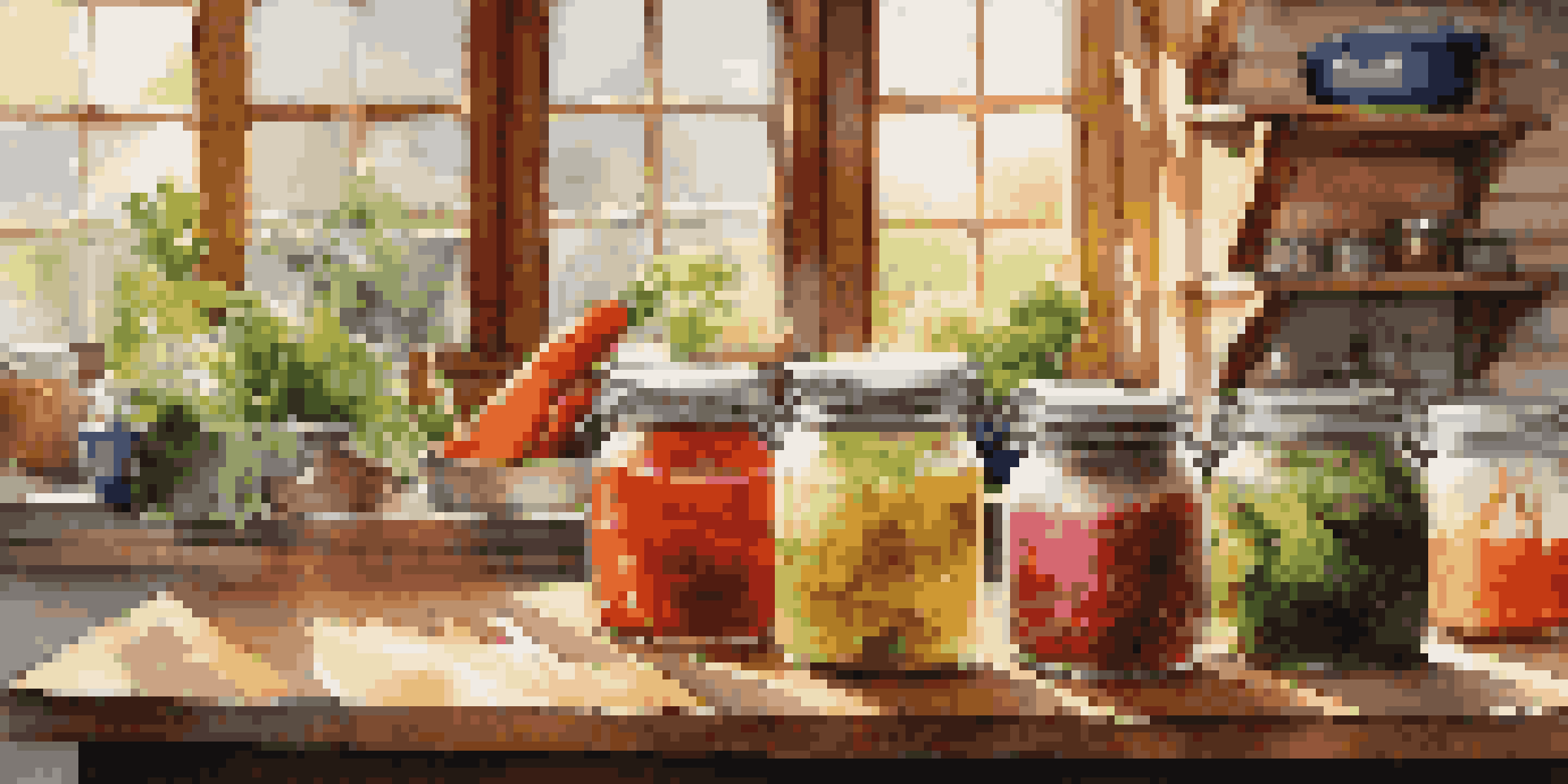 A rustic kitchen with jars of colorful fermented vegetables, illuminated by sunlight.
