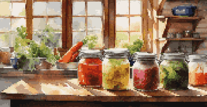 A rustic kitchen with jars of colorful fermented vegetables, illuminated by sunlight.