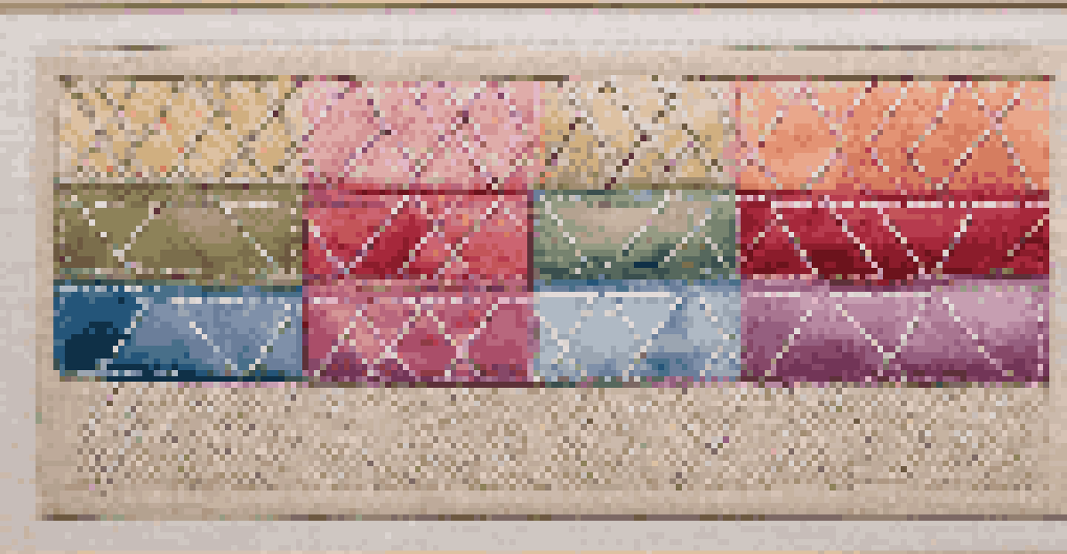 A fabric sample showing different sewing stitches, including straight, zigzag, and decorative stitches in contrasting colors.