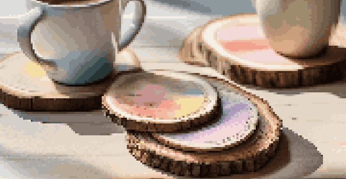 A set of colorful DIY coasters made from wood slices with ceramic mugs on a wooden table, illuminated by soft sunlight.