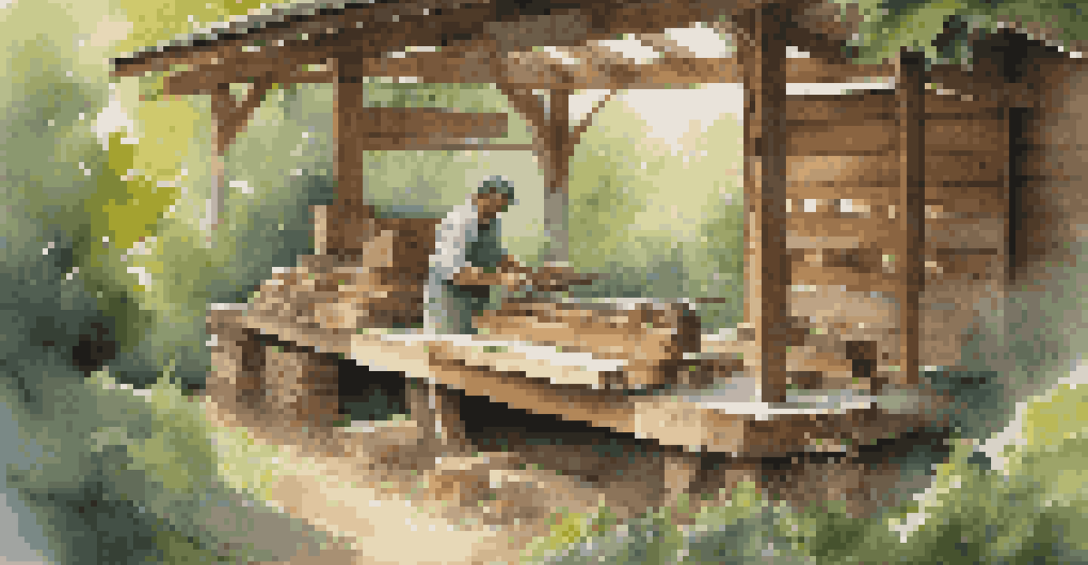 A craftsman outdoors using sustainable woodworking techniques amidst greenery.