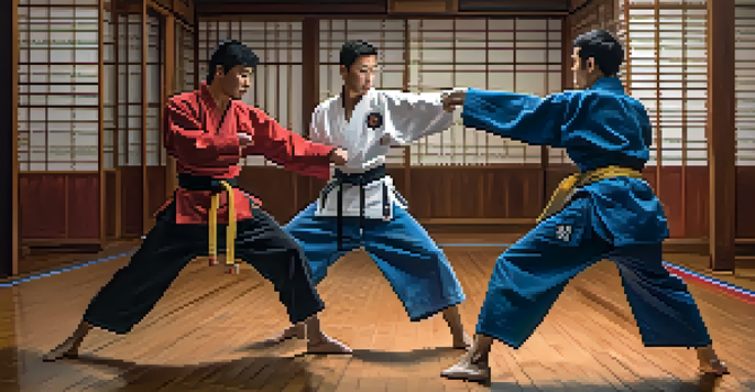 Two martial artists sparring in a dojo, one throwing a punch while the other adopts a defensive stance, with traditional dojo decor.