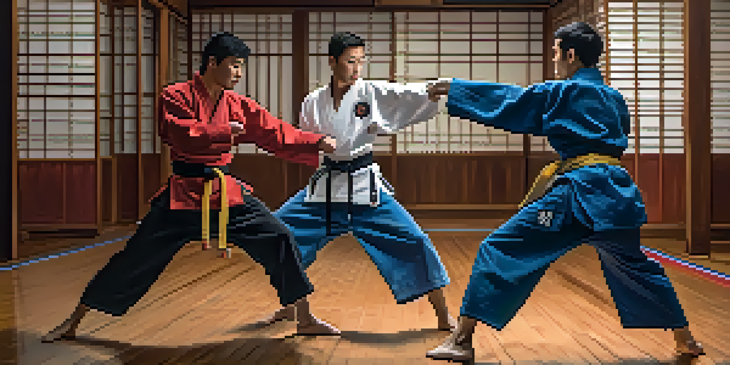 Two martial artists sparring in a dojo, one throwing a punch while the other adopts a defensive stance, with traditional dojo decor.