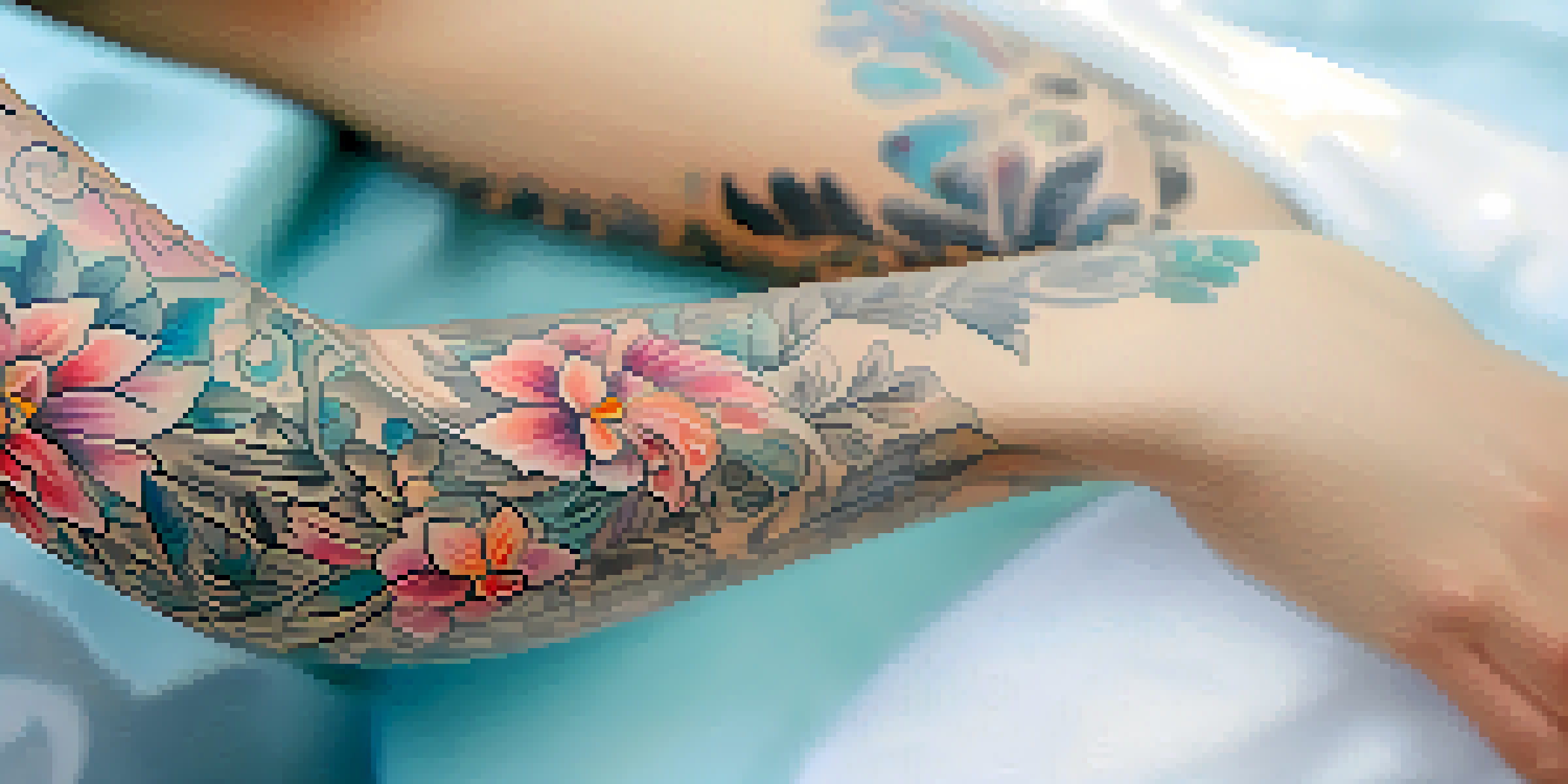 A close-up view of a colorful floral tattoo on a person's arm, with intricate details and soft colors illuminated by natural light.