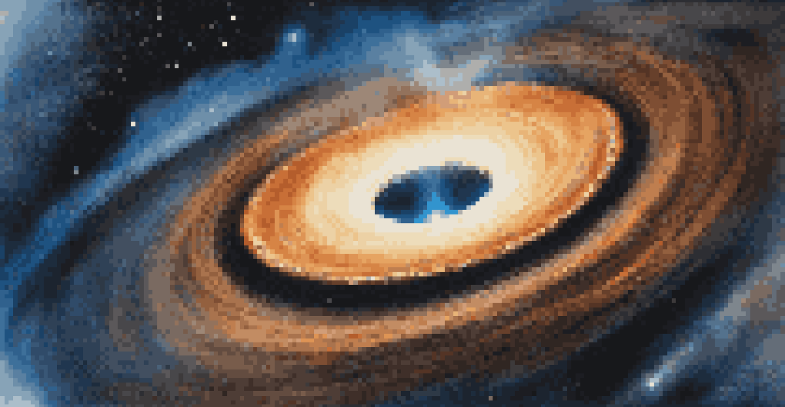 A close-up view of a black hole's accretion disk, showcasing X-ray emissions and surrounding cosmic dust in a dark space setting.