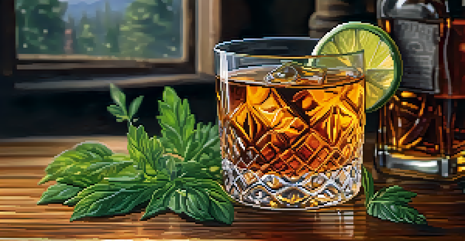 A close-up of a glass of homemade whiskey on a wooden table with fresh herbs in the background.