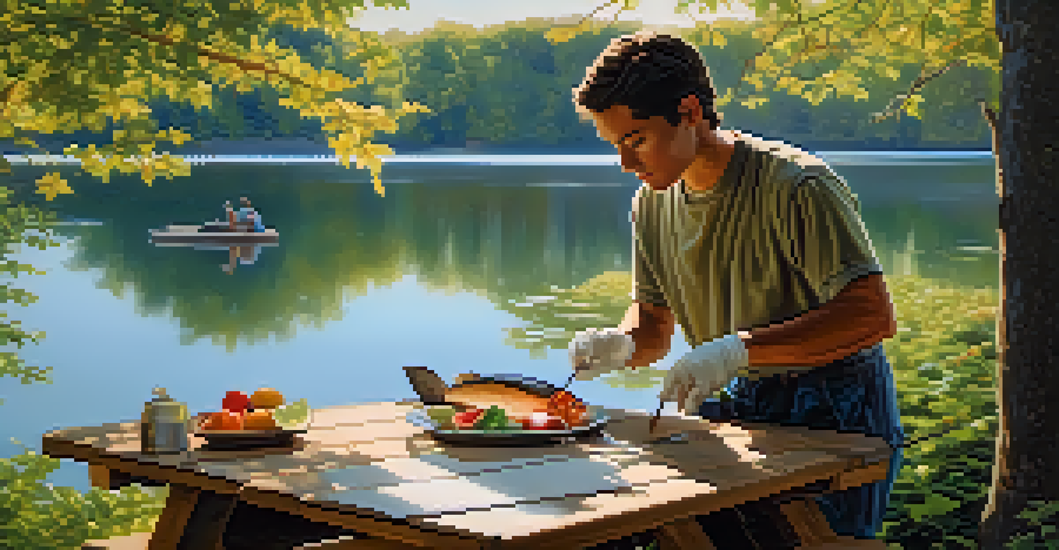 A person scaling a fish on a picnic table, with a lake and trees in the background, illuminated by warm sunlight.