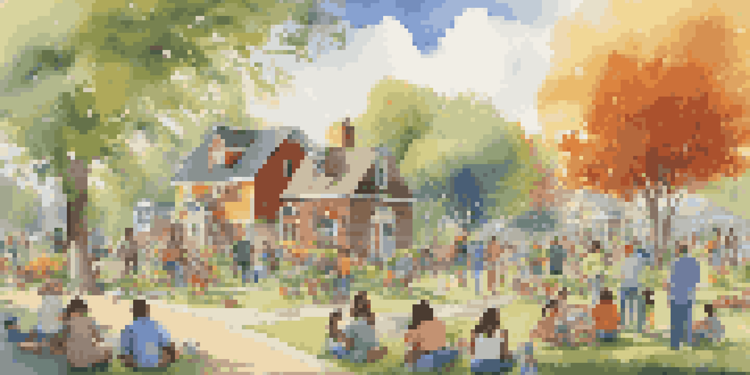 A community gathering in a park with families building and painting birdhouses, surrounded by trees and flowers under a blue sky.