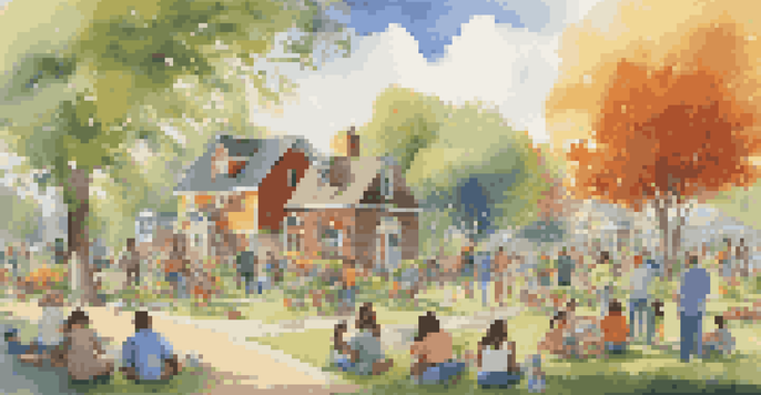 A community gathering in a park with families building and painting birdhouses, surrounded by trees and flowers under a blue sky.