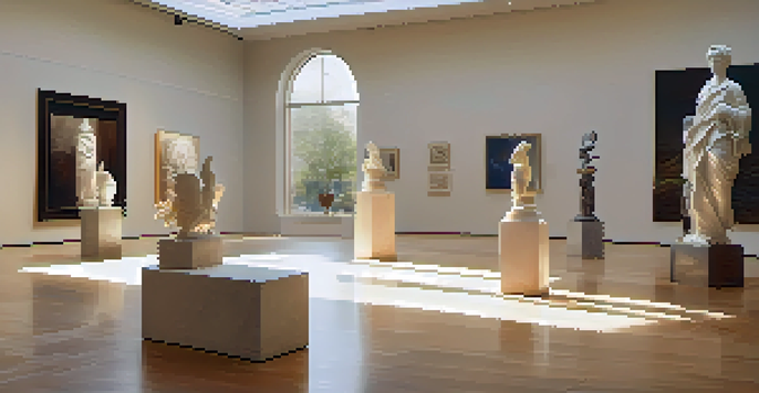 A bright art gallery with sculptures displayed on pedestals, illuminated by natural light and accent lighting.