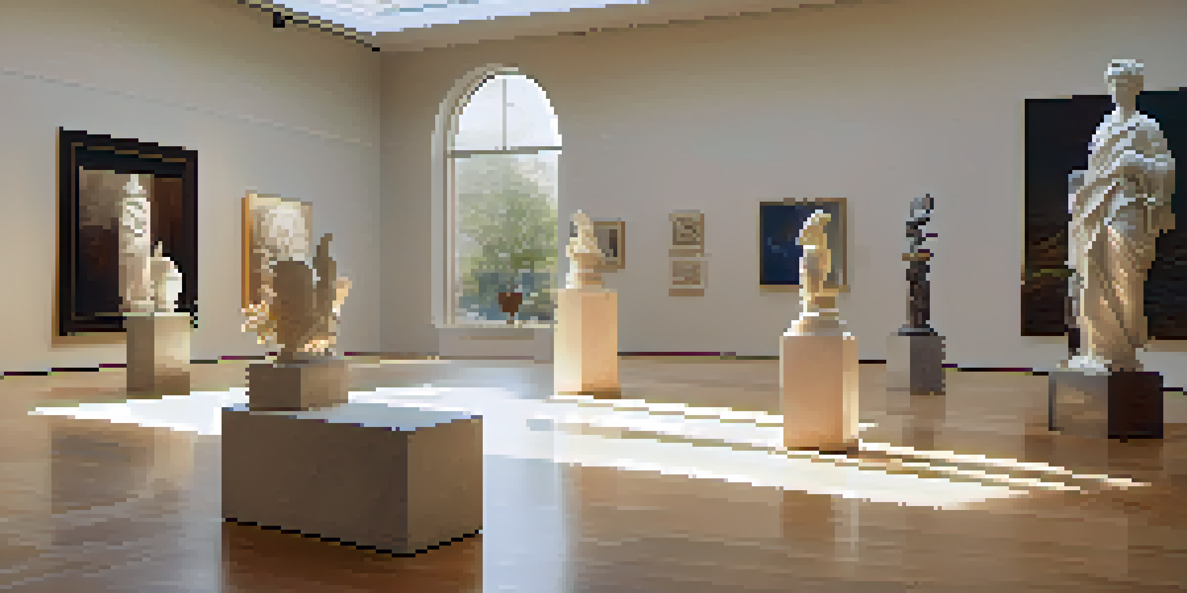 A bright art gallery with sculptures displayed on pedestals, illuminated by natural light and accent lighting.
