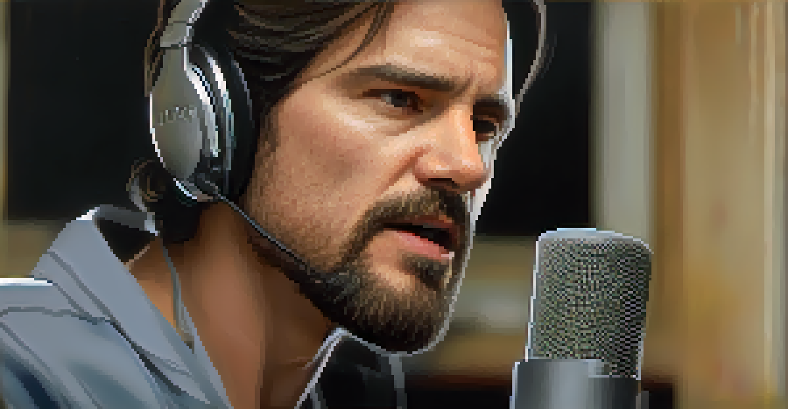 A close-up of a voice actor practicing vocal techniques, showcasing their mouth and facial expression in soft lighting.