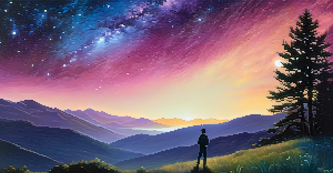 A person silhouetted against the Milky Way galaxy in a starry night sky, surrounded by hills and illuminated by moonlight.