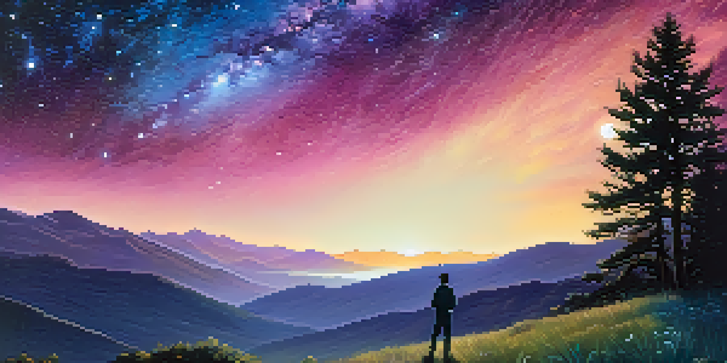 A person silhouetted against the Milky Way galaxy in a starry night sky, surrounded by hills and illuminated by moonlight.