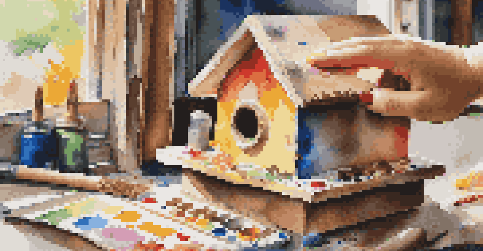 A child's hands painting a colorful wooden birdhouse at a workspace filled with art supplies.