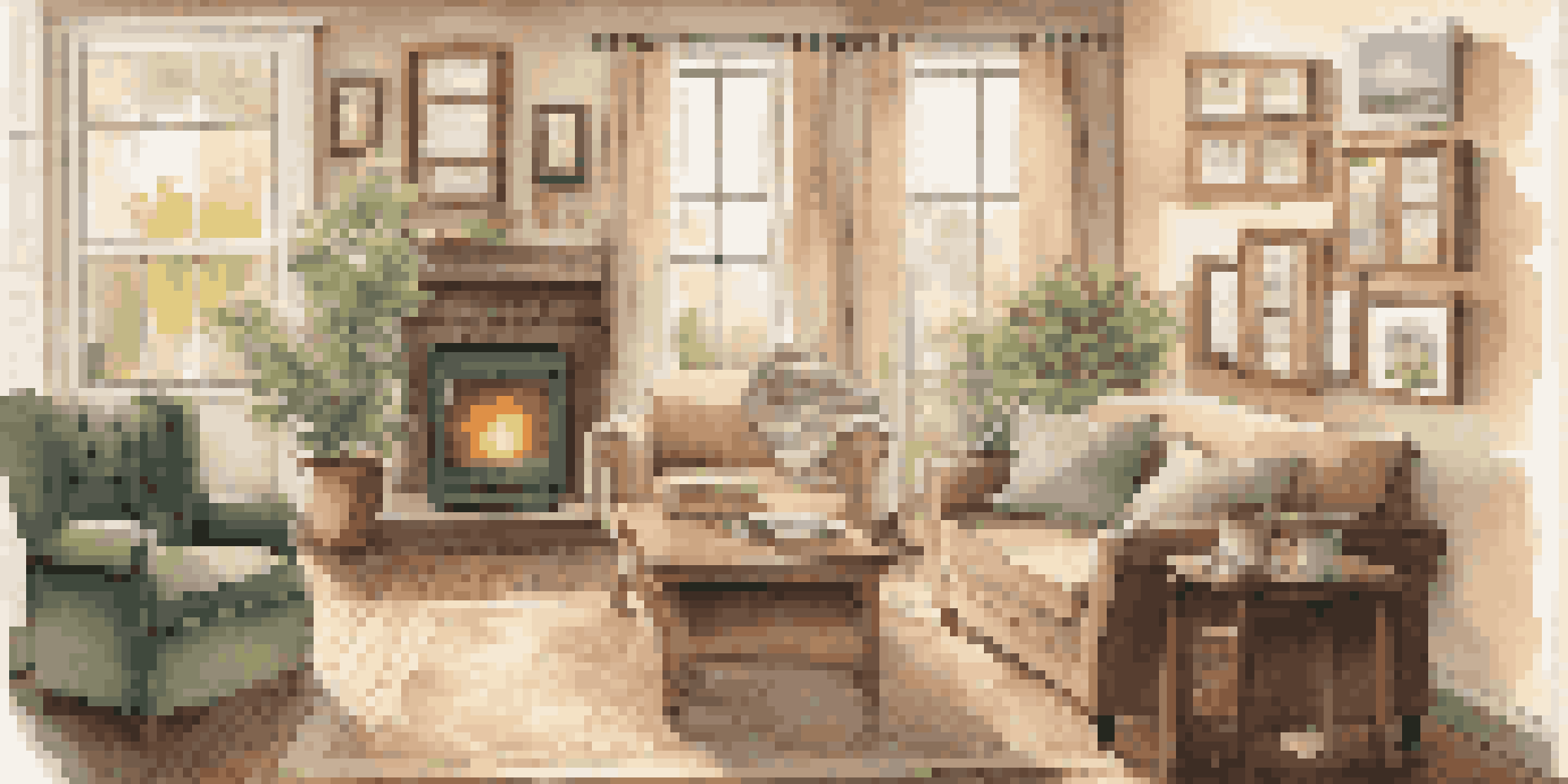A cozy living room with family photos and genealogy charts on the walls, natural light, and a laptop on the coffee table.