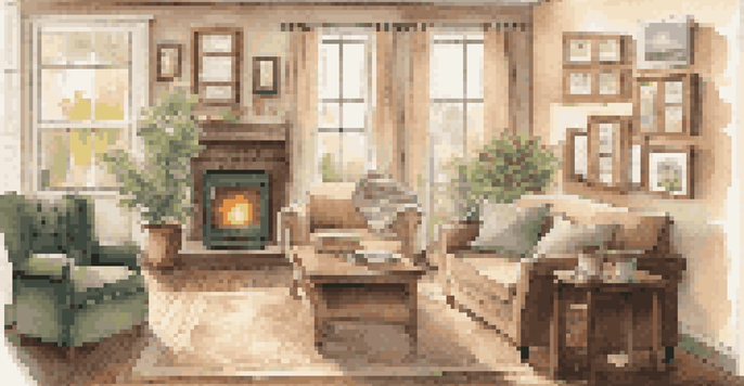 A cozy living room with family photos and genealogy charts on the walls, natural light, and a laptop on the coffee table.