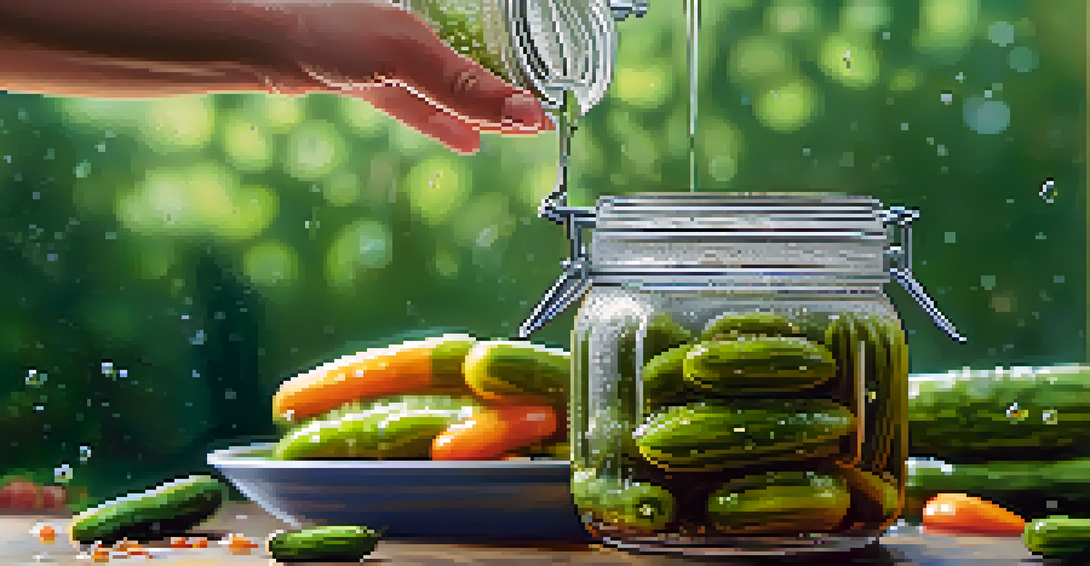 A close-up of a hand reaching for a jar of pickles, with condensation on the glass, set against a blurred kitchen background.