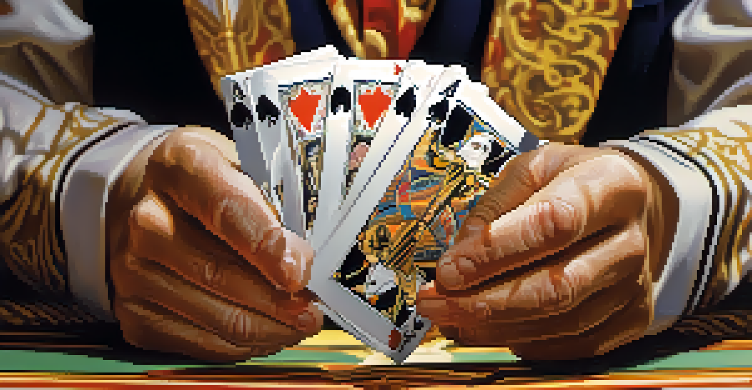Close-up of a magician's hands performing a card trick with a fanned deck of colorful playing cards.