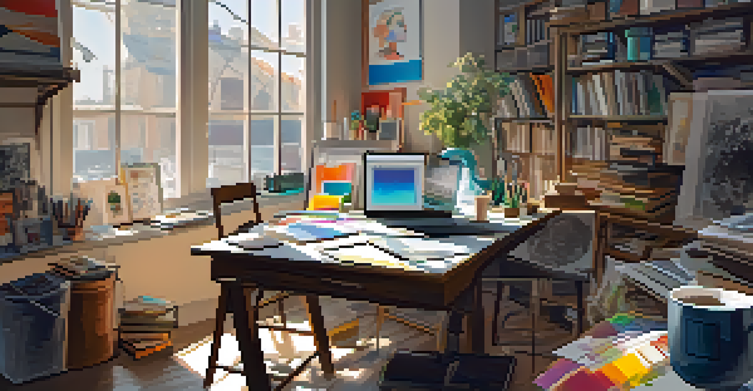 An artist's workspace showcasing sketches, a digital tablet, and colorful palettes, bathed in warm natural light.