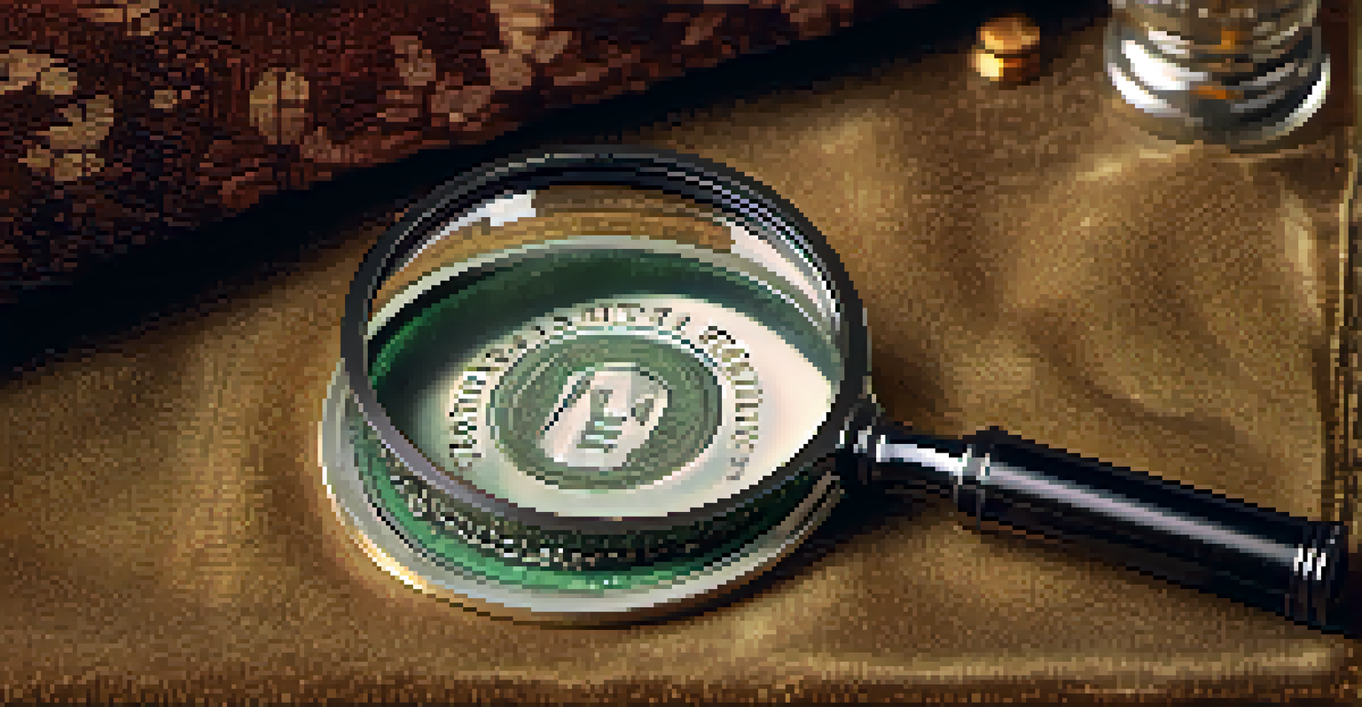 A magnifying glass over a vintage coin on a velvet cloth, highlighting the coin's intricate details.
