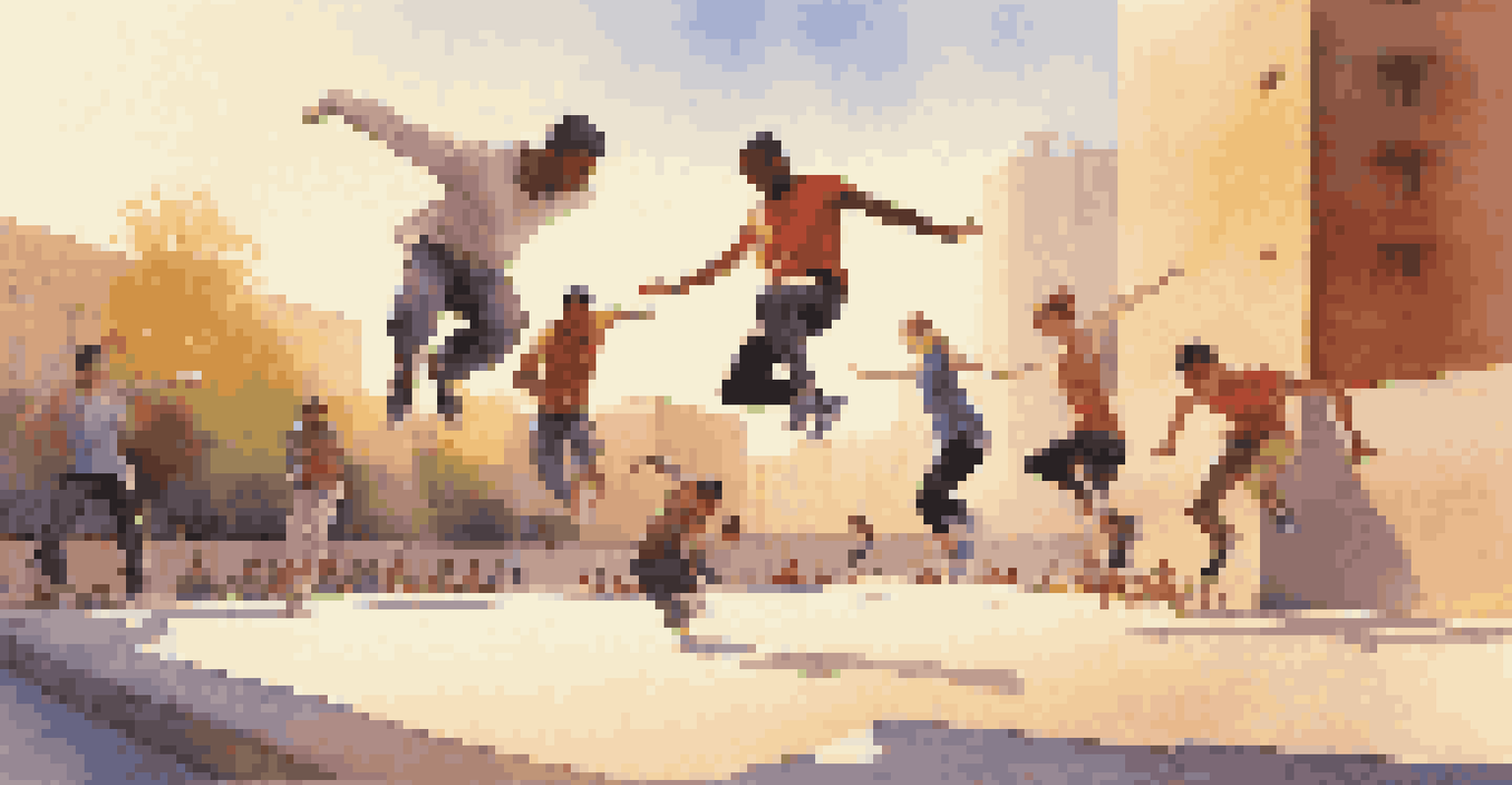 A group of parkour practitioners training in an empty plaza, demonstrating various movements with modern architecture in the background during golden hour.