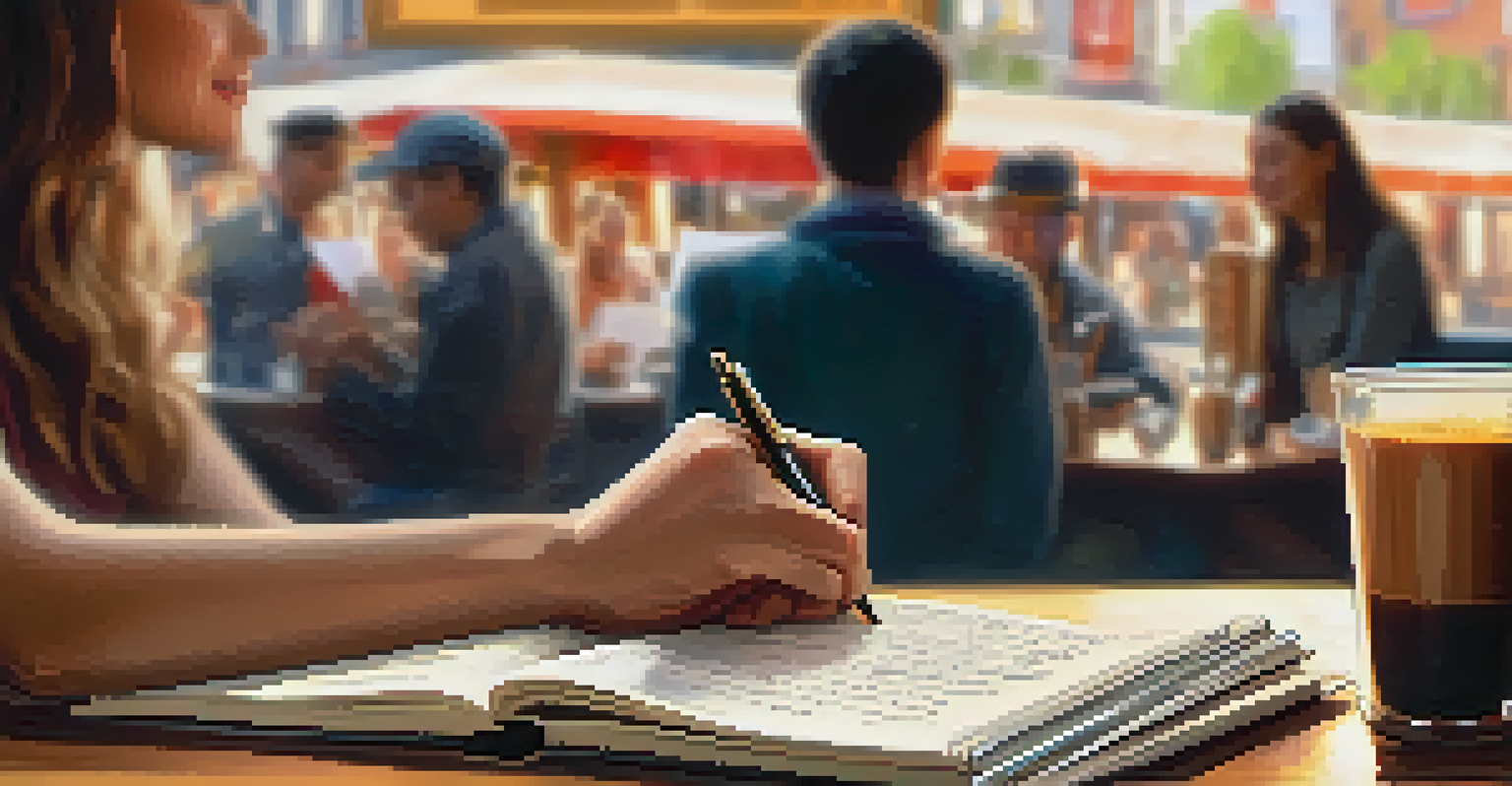 A close-up of a hand writing in a notebook with a pen, set against a blurred coffee shop background filled with warm colors.