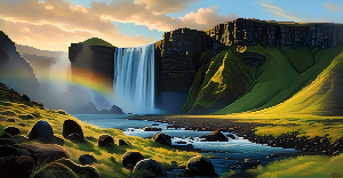 A stunning waterfall in Iceland, surrounded by volcanic rocks and illuminated by warm sunlight during the golden hour, creating a rainbow in the mist.
