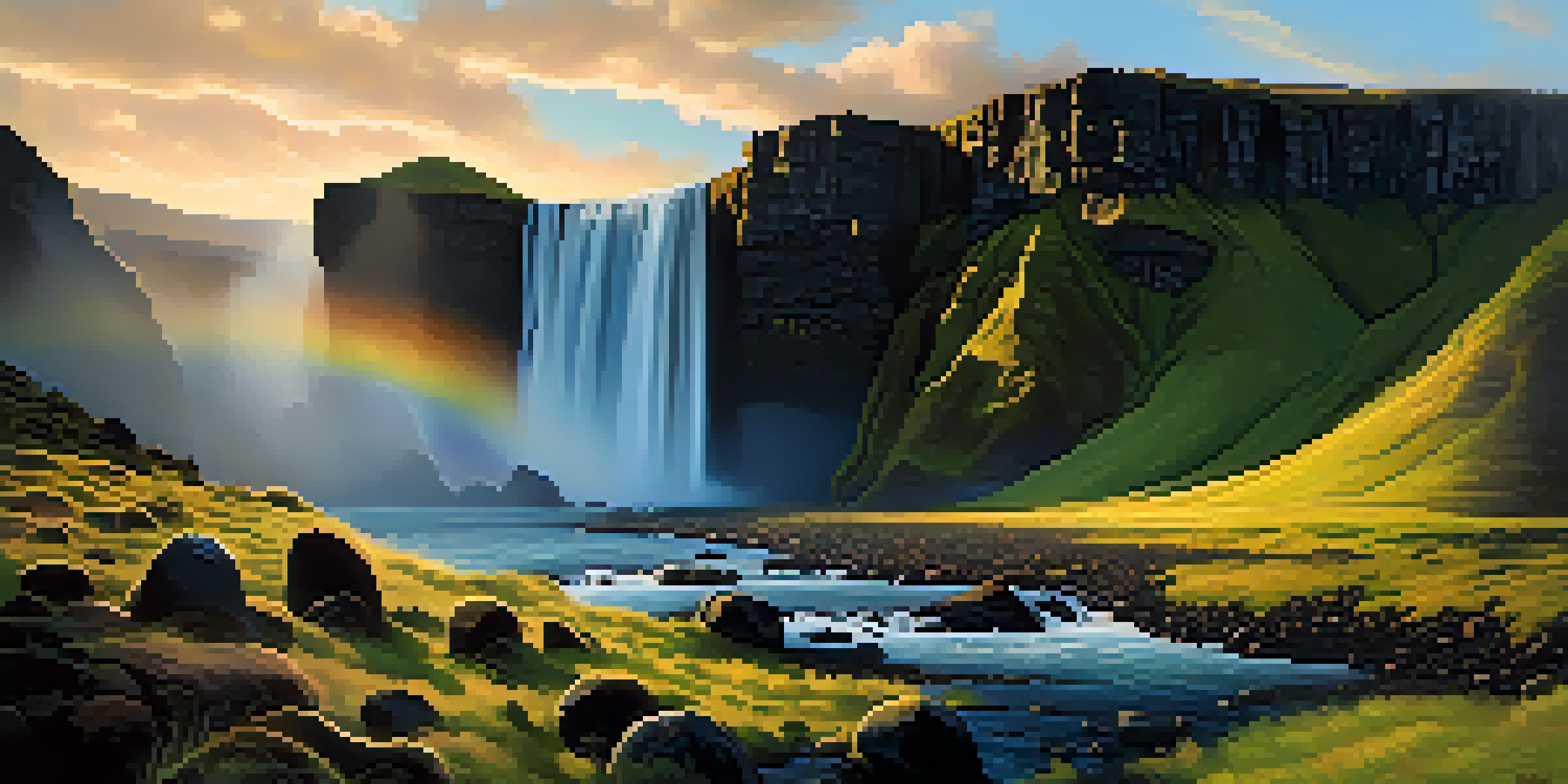A stunning waterfall in Iceland, surrounded by volcanic rocks and illuminated by warm sunlight during the golden hour, creating a rainbow in the mist.