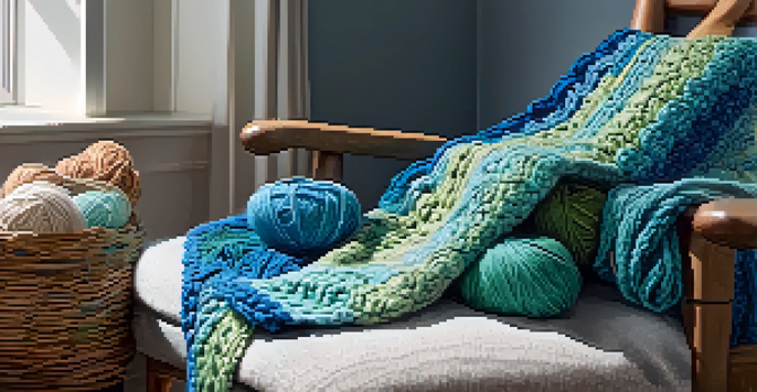 A cozy crochet scene showing a basket filled with colorful yarns and a partially completed crochet blanket on a chair, illuminated by soft natural light.