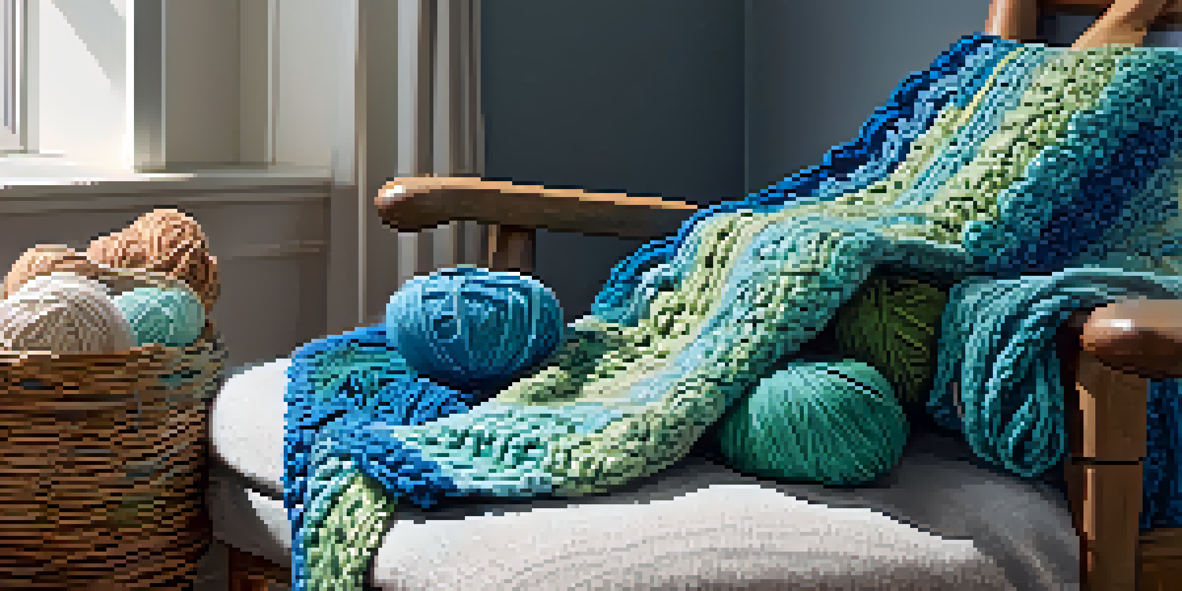 A cozy crochet scene showing a basket filled with colorful yarns and a partially completed crochet blanket on a chair, illuminated by soft natural light.