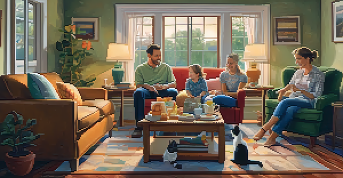 A family sitting in a cozy living room, working together on a jigsaw puzzle on a coffee table, with a cat on the couch.