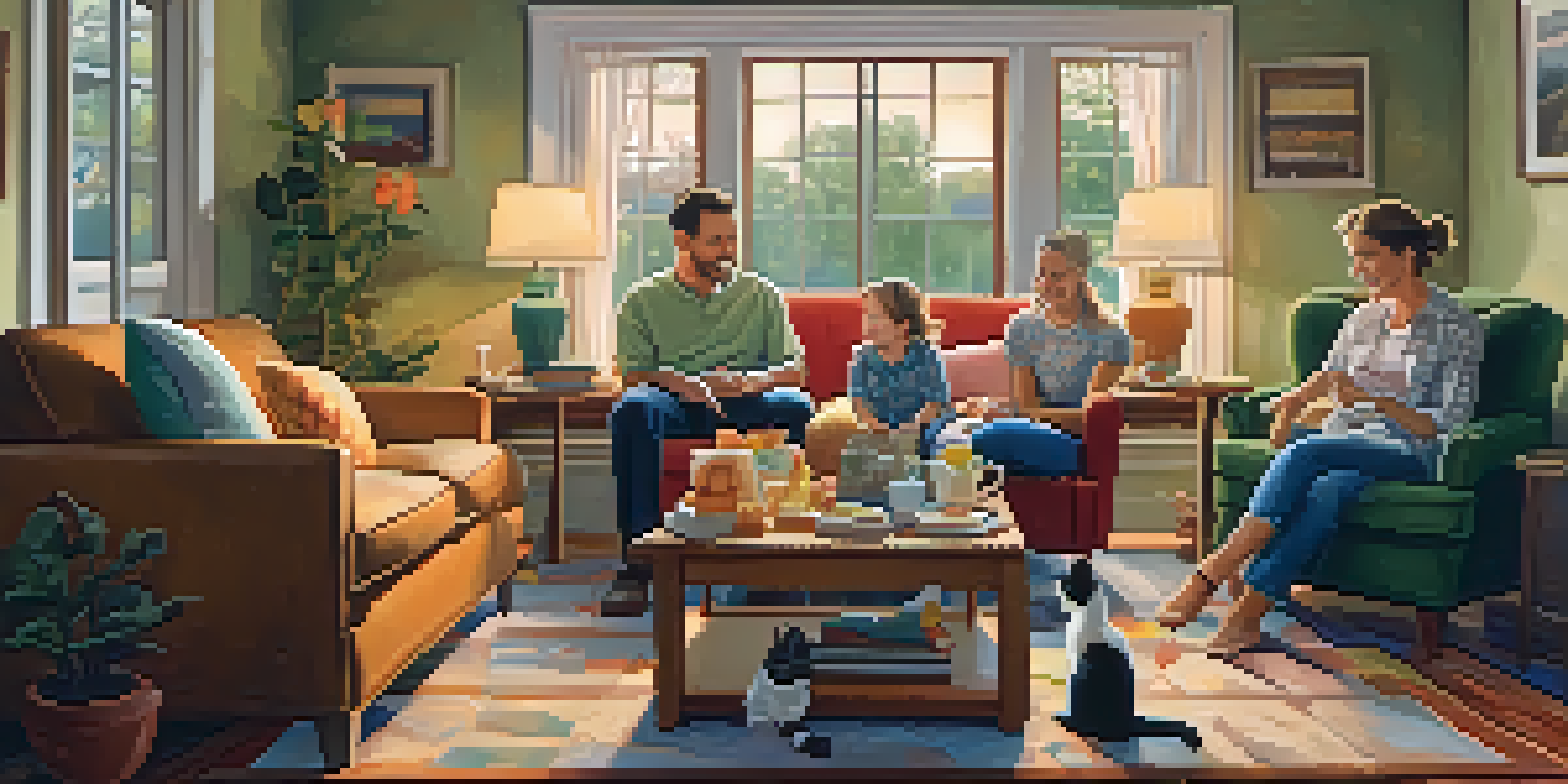 A family sitting in a cozy living room, working together on a jigsaw puzzle on a coffee table, with a cat on the couch.