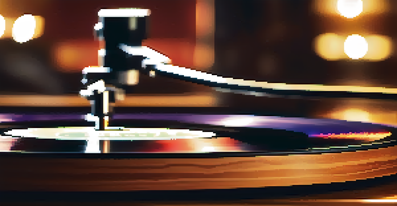 A close-up of a spinning vinyl record on a turntable, with warm lights and blurred silhouettes of dancing people in the background.
