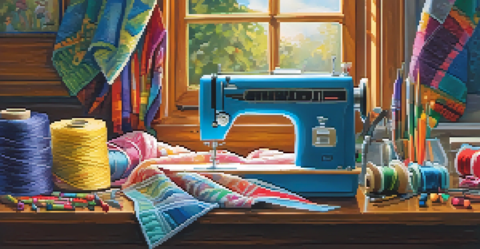 A child sewing a fabric bookmark at a sunny table with colorful fabrics and threads, showcasing a cozy sewing environment.