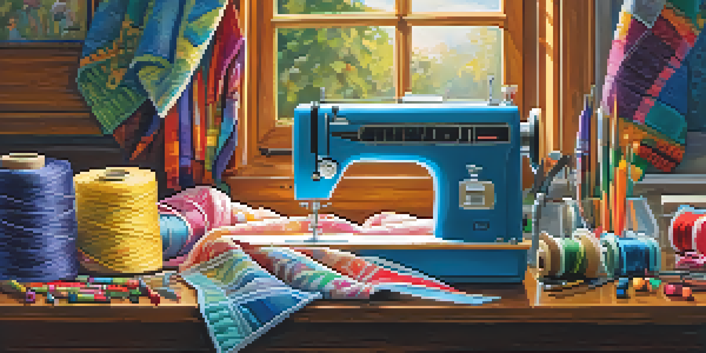 A child sewing a fabric bookmark at a sunny table with colorful fabrics and threads, showcasing a cozy sewing environment.