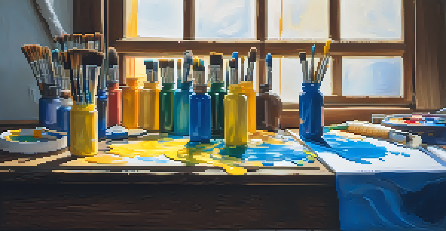 An artist's studio with colorful paint tubes, brushes, and a canvas showing vibrant swirls of blue and yellow.