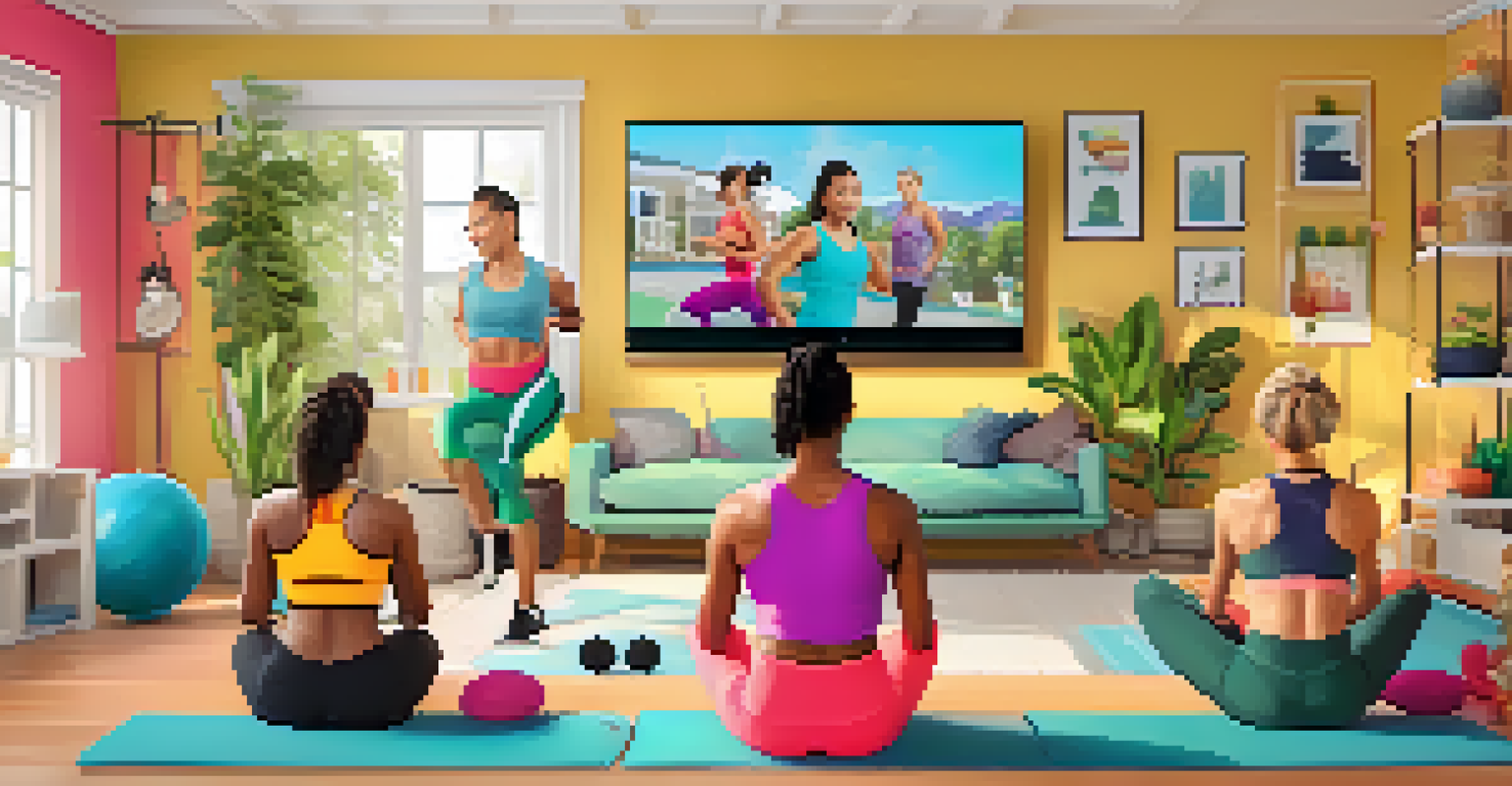 A collage of participants in an online fitness class, each in their unique home settings, practicing stretching exercises together.