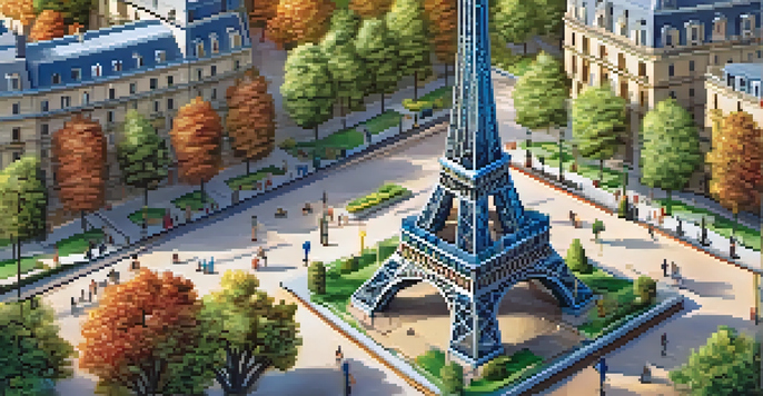 A detailed close-up of a 3D puzzle in the shape of the Eiffel Tower, surrounded by a blurred park scene.
