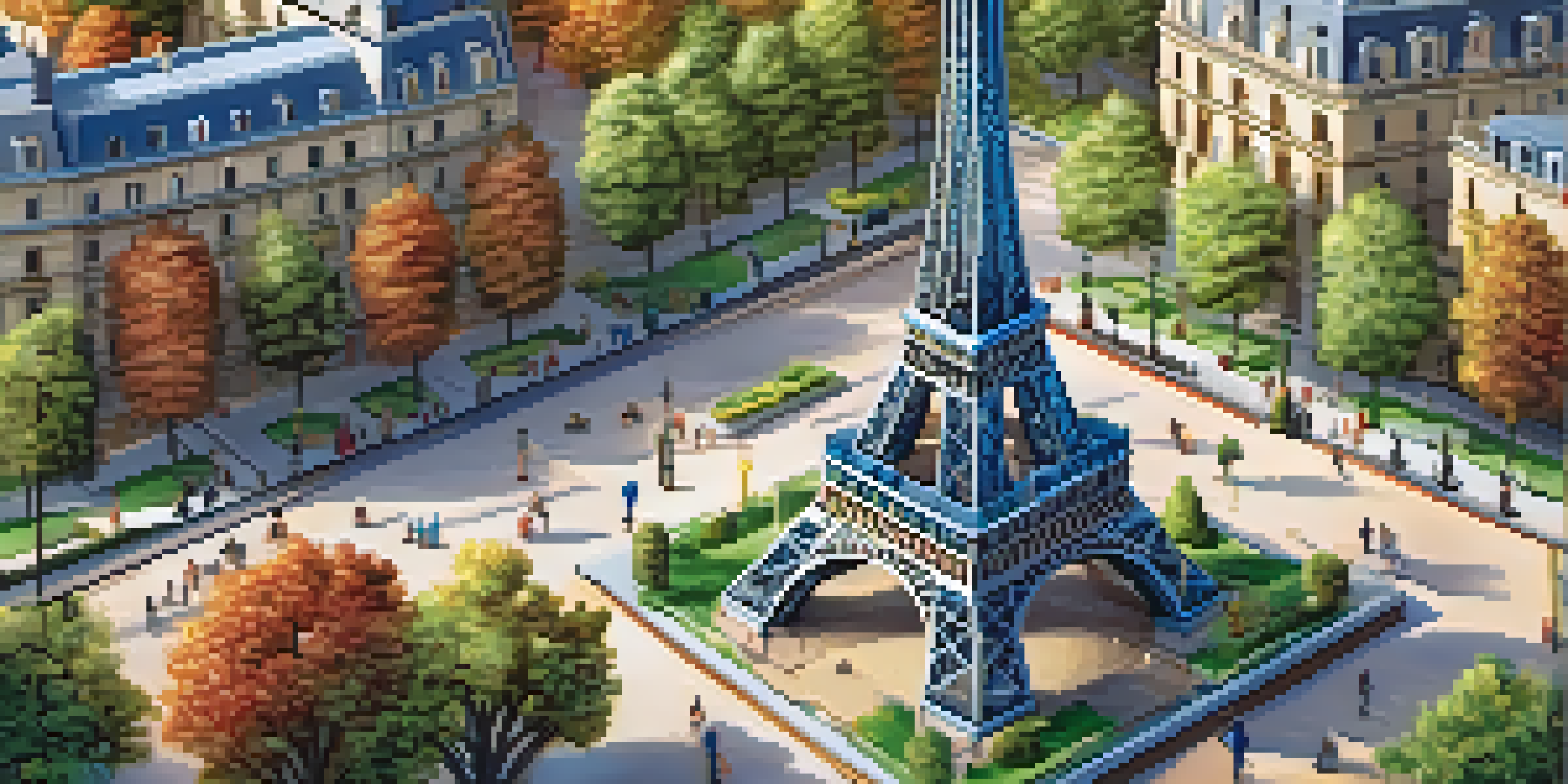 A detailed close-up of a 3D puzzle in the shape of the Eiffel Tower, surrounded by a blurred park scene.