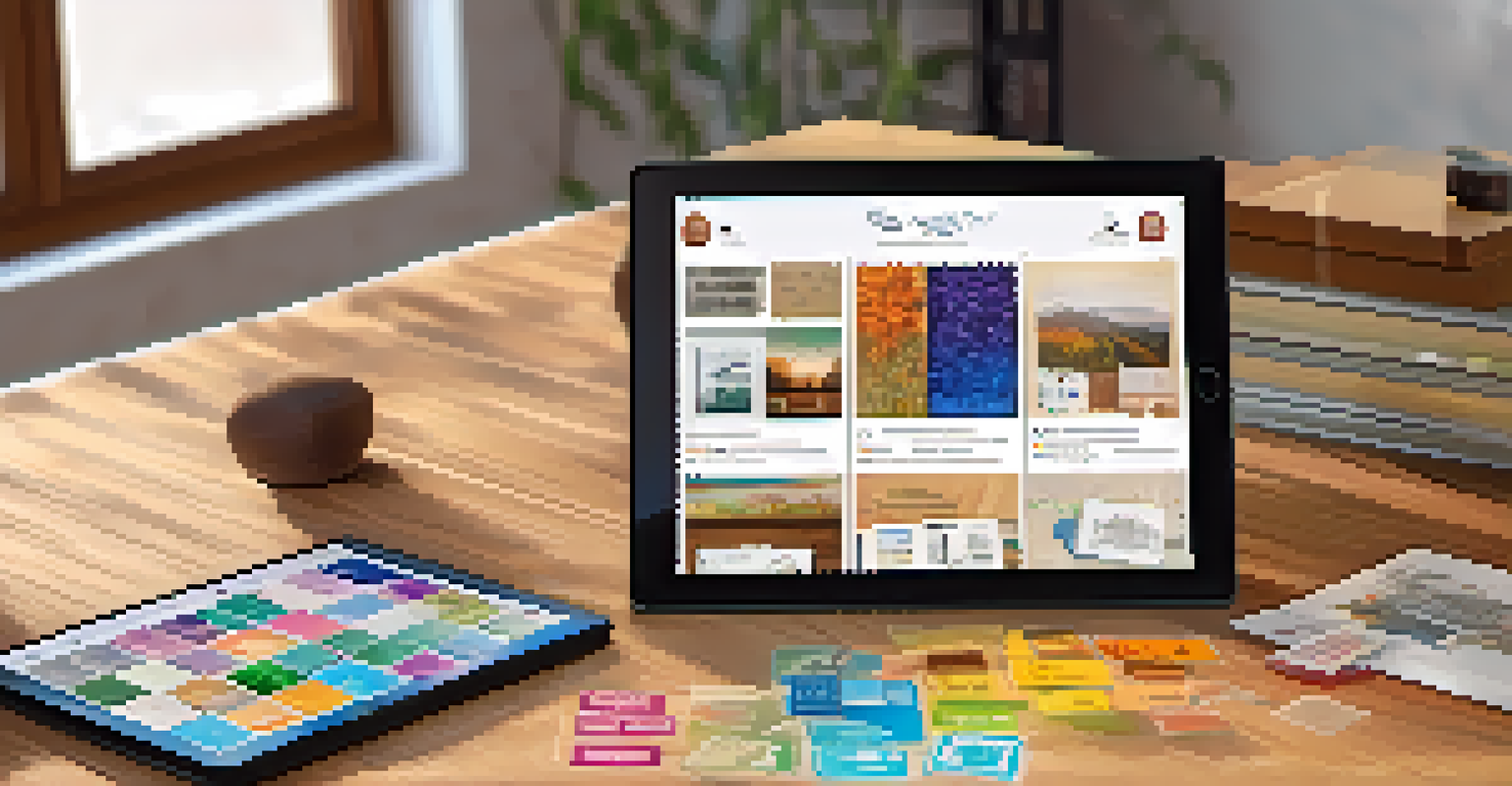 A tablet displaying a digital stamp catalog surrounded by physical stamps on a wooden table.