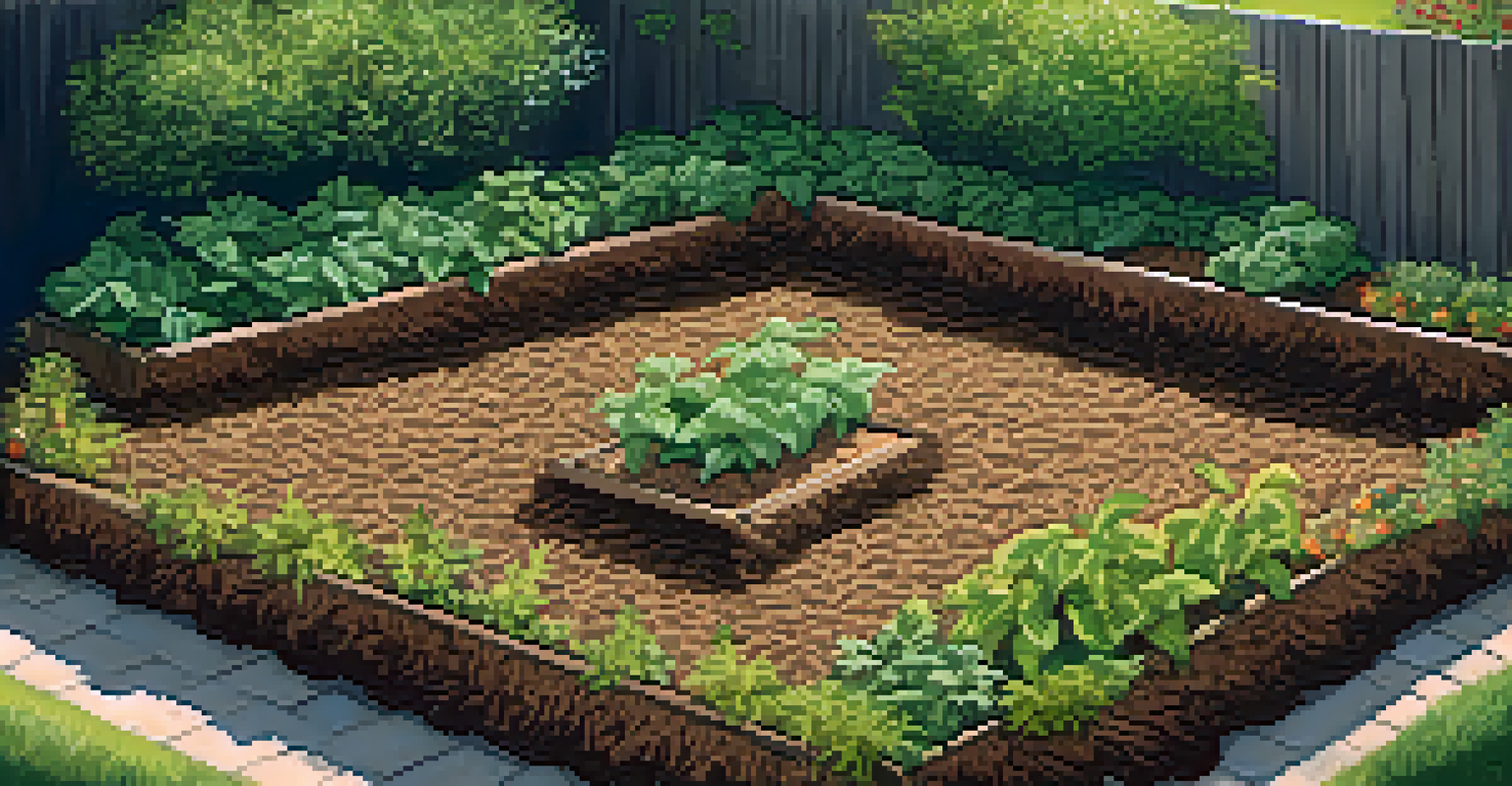 An overhead view of a garden bed covered with straw and wood chips mulch, surrounding healthy tomato and basil plants.