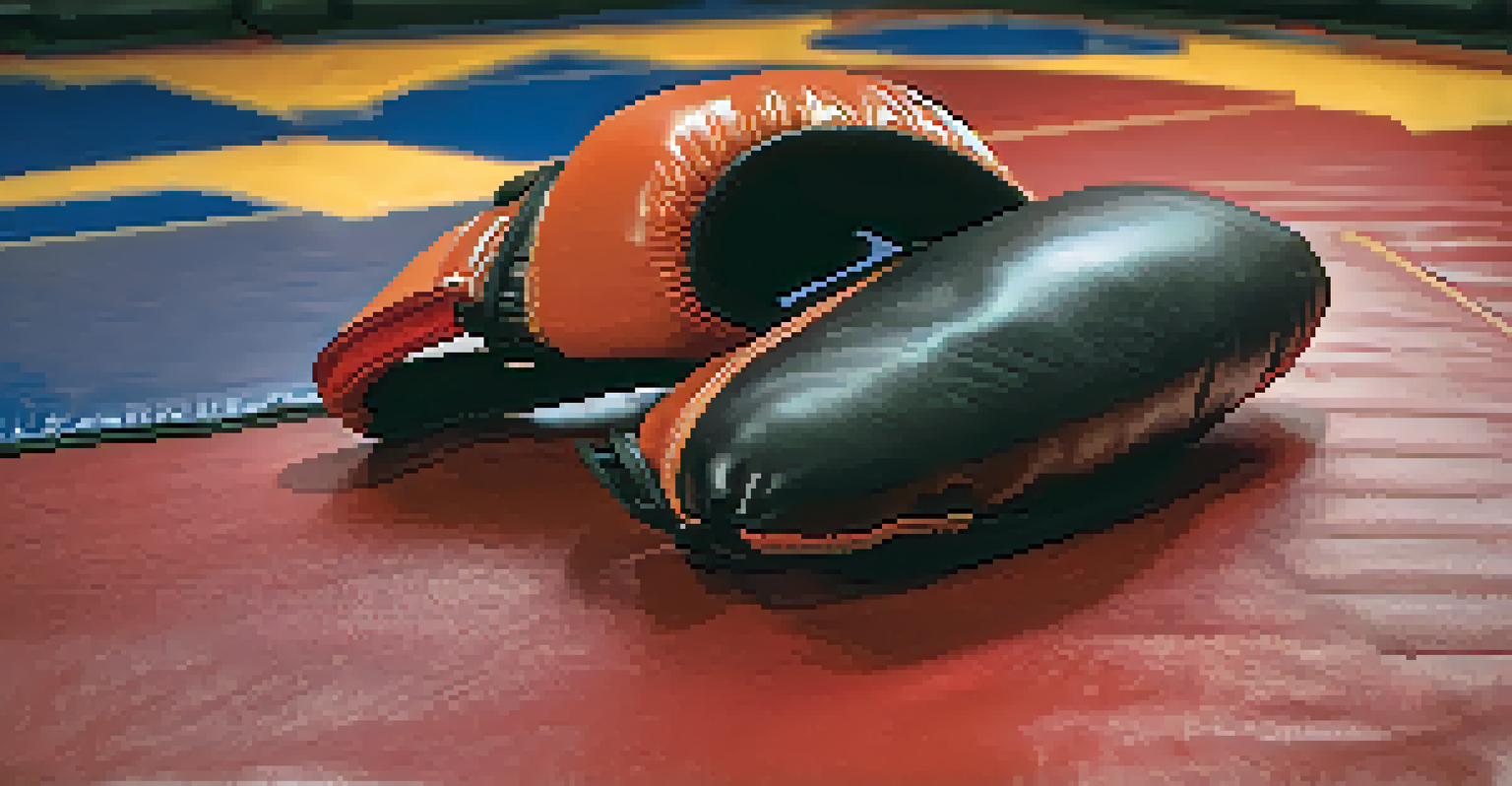 Close-up of martial arts gloves and a mouthguard on a training mat, highlighting the gear's texture and color.