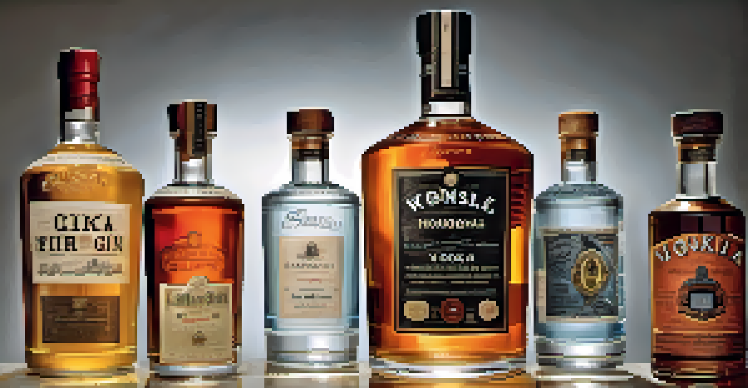 A still-life arrangement of different distilled spirits bottles with clear labels, emphasized by dramatic side lighting.