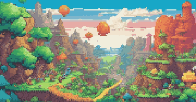 A colorful 8-bit gaming landscape with pixelated characters in action, surrounded by hills and a blue sky.