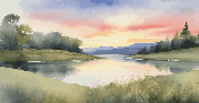 A peaceful sunrise landscape with a calm lake reflecting the colorful sky, surrounded by green grass and wildflowers.